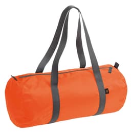An orange sports bag with grey straps, featuring a cylindrical shape and a zip closure. It has a logo.