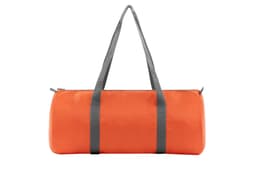 An orange duffle bag with grey straps and a zip closure, featuring a logo on the side.