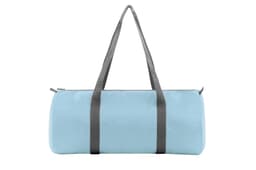 A light blue duffle bag with grey handles and a zip closure. The bag features a logo.
