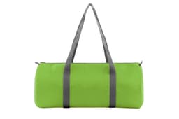 A vibrant green duffle bag with grey straps and a logo, featuring a cylindrical design and zip closure.