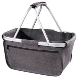 A grey felt shopping basket with metal handles and a zippered pocket on the front.