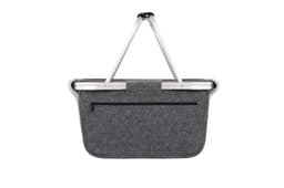 A grey felt shopper bag with a metal handle and a zippered pocket at the front.