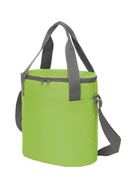 A green cooler bag with a zippered top, short handles, and a detachable shoulder strap. It features one front pocket.