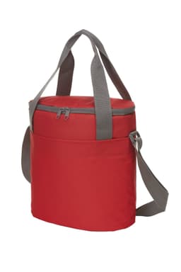 A red cooler bag with grey straps and a zippered top, featuring one outer pocket and a compact design.