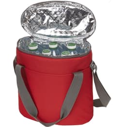 A red cooler bag with a grey strap, featuring an insulated interior that holds multiple drink bottles.