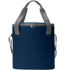 A navy cooler bag with grey straps and a zip closure, featuring a front pocket and a simple design.