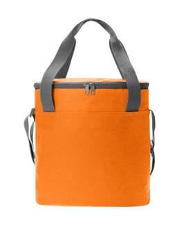An orange cooler bag with grey straps and a zippered top, featuring an exterior pocket.