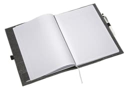 A grey felt compendium featuring an open blank notebook and a pen. It has a textured finish and a ribbon marker.