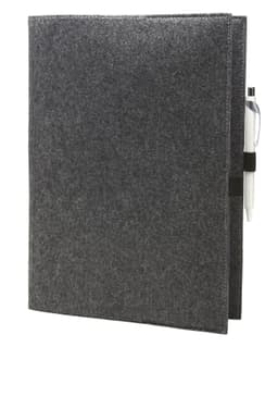 A grey felt cover with a pen attached, designed for use as a compendium or portfolio.