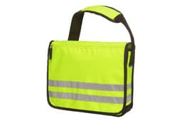 A bright yellow shoulder bag with reflective stripes and an adjustable strap. It features a zippered main compartment and branding.