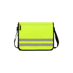 A bright yellow shoulder bag featuring reflective stripes and a zipper closure, with a black trim and adjustable strap.