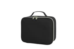 A black zipper bag with a handle, featuring a two-tone zipper design. It has a structured shape and a minimalist look.
