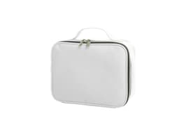 A white zippered bag with a handle, featuring a simple design and an inner compartment.
