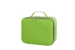A green zipped bag with a handle, featuring a smooth exterior and a contrasting zipper. It has a simple design and a logo.