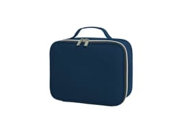 A navy blue zipper bag with a handle and dual zippers, featuring a smooth fabric exterior.