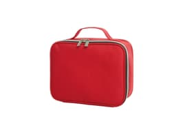 A red zipper bag with a handle and a double zipper closure, featuring a plain design.