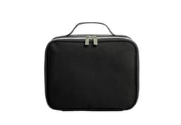 A black zipper bag with a handle, featuring a zip closure and a simple design. It has a logo on the front.