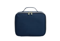 A navy blue zipper bag with a handle and dual zipper closure, featuring a simple design and branding.