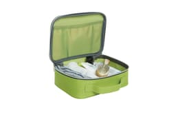 A green Switch Zipper Bag opened to reveal personal care items neatly organised inside. It features a logo.