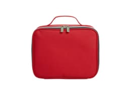 A red zipped bag with a handle, featuring a sturdy exterior and a branded logo.
