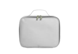 A white zippered bag with a handle and dual zippers. It has a simple design and includes a logo.