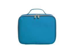 A blue zipped bag with a handle and a gold zip, featuring a simple design and a solid colour.