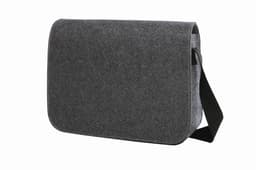 A grey shoulder bag with a flap and adjustable strap, featuring subtle stitching and a logo.