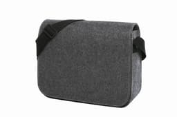 A grey shoulder bag made from felt material, featuring a long adjustable strap and a flap closure.