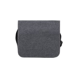 A grey shoulder bag with a flap closure and an adjustable strap. It features a logo on the side.