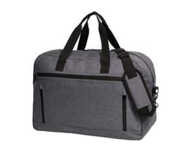 A grey travel bag with black accents, featuring handles, a shoulder strap, and multiple zippered compartments.