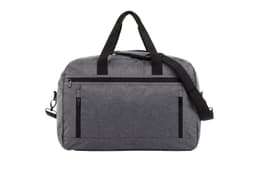 A grey fashion travel bag with two front zippered pockets and dual handles, featuring a detachable shoulder strap.