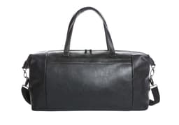 A black travel bag with two handles and a detachable shoulder strap, featuring a sleek and minimalist design.
