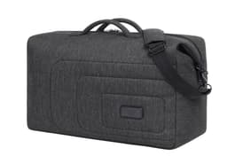 A grey duffle bag featuring a handle, shoulder strap, and a logo on the front. Designed for sport or travel use.