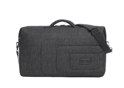 A grey duffle bag with a shoulder strap, featuring a logo and embossed detailing on the front.