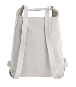A cream-coloured backpack with dual straps and a simple, textured design. It features a logo on the front.