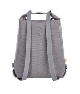 A grey multi-layer bag with two carry straps and a textured fabric. Features a branding logo.