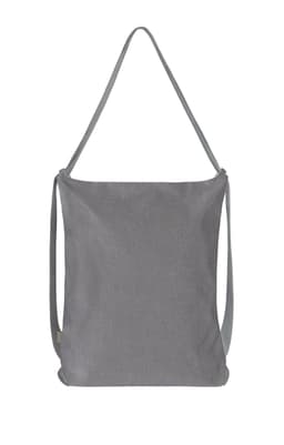 A grey multi bag with a single long strap, featuring a simple design and a logo.