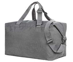 A grey duffle bag with dual handles and a detachable shoulder strap, featuring a simple design and a logo.