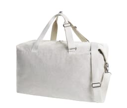 A grey duffle bag with a shoulder strap and handles, featuring a logo on the side.