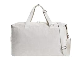 A light grey duffle bag with a shoulder strap and two handles, featuring a logo on the side.