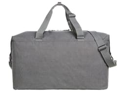 A grey duffle bag with dual handles and a detachable shoulder strap, featuring a simple design and a logo.