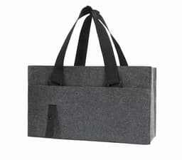 A grey felt organiser bag with black straps and a front pocket. It has a simple design and features a logo.