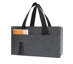 A grey felt organiser bag with two black handles and an external pocket, featuring a logo on the front.