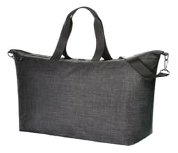A dark grey duffle bag with sturdy handles and a zip closure, featuring a branding logo.