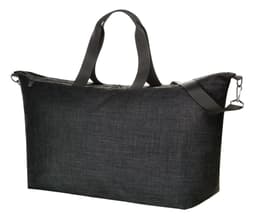A black duffle bag with sturdy handles and a sleek design. Includes a logo on the front.