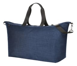 A spacious navy duffle bag with black handles and a detachable shoulder strap, featuring a logo.