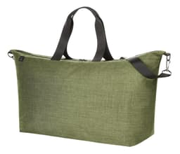 A green duffle bag with black handles and a zipper, featuring a logo on one side.