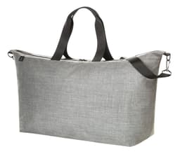 A grey duffle bag with dual handles and a shoulder strap, featuring a subtle texture and a branding logo.