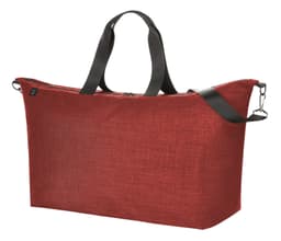 A red duffle bag with black handles and a zipper, featuring a branded logo.