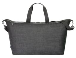 A grey duffle bag with dual handles and an adjustable shoulder strap, featuring a branded logo.